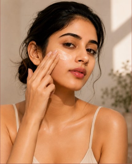 Model applying Nush cream to her face